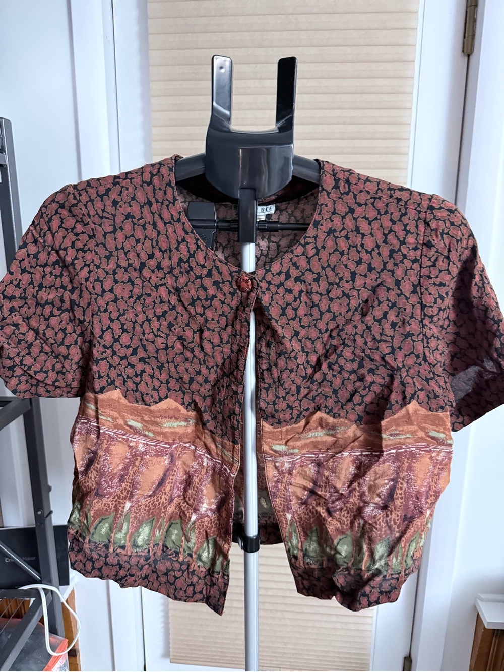 VTG Robbie Bee short-sleeve crop blouse rust pattern Safari cool button 80s 90s